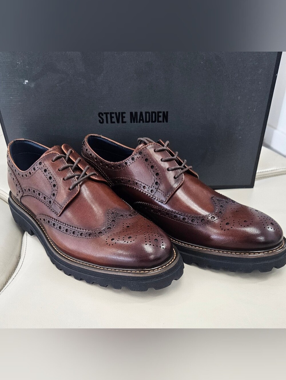 Steve Madden Kasaan Men's Brown Leather Wingtip Derby Shoes